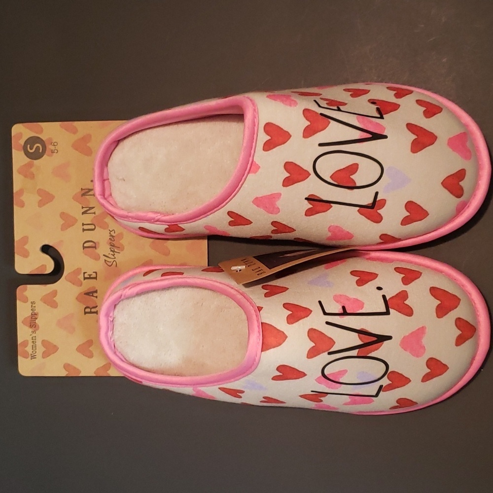 Rae Dunn "LOVE" slippers with heart print